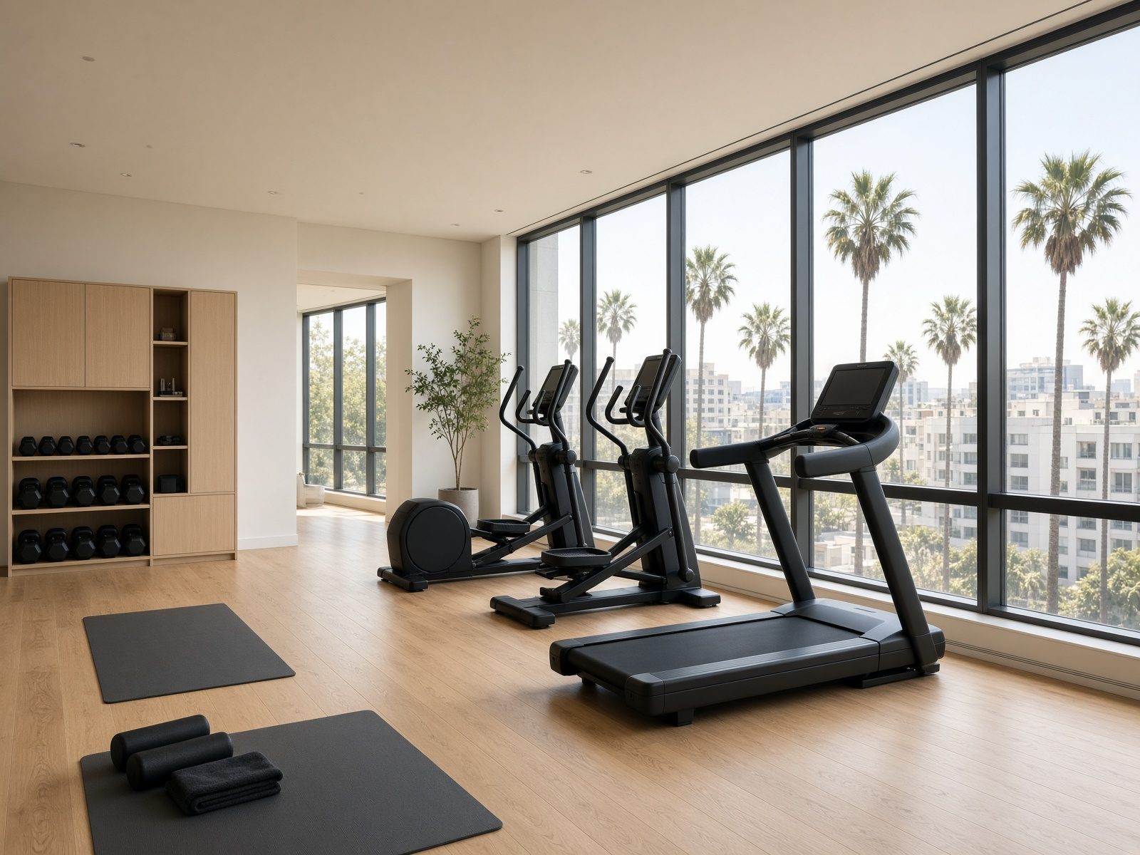A boutique fitness room with oak floors and windows looking onto palms.