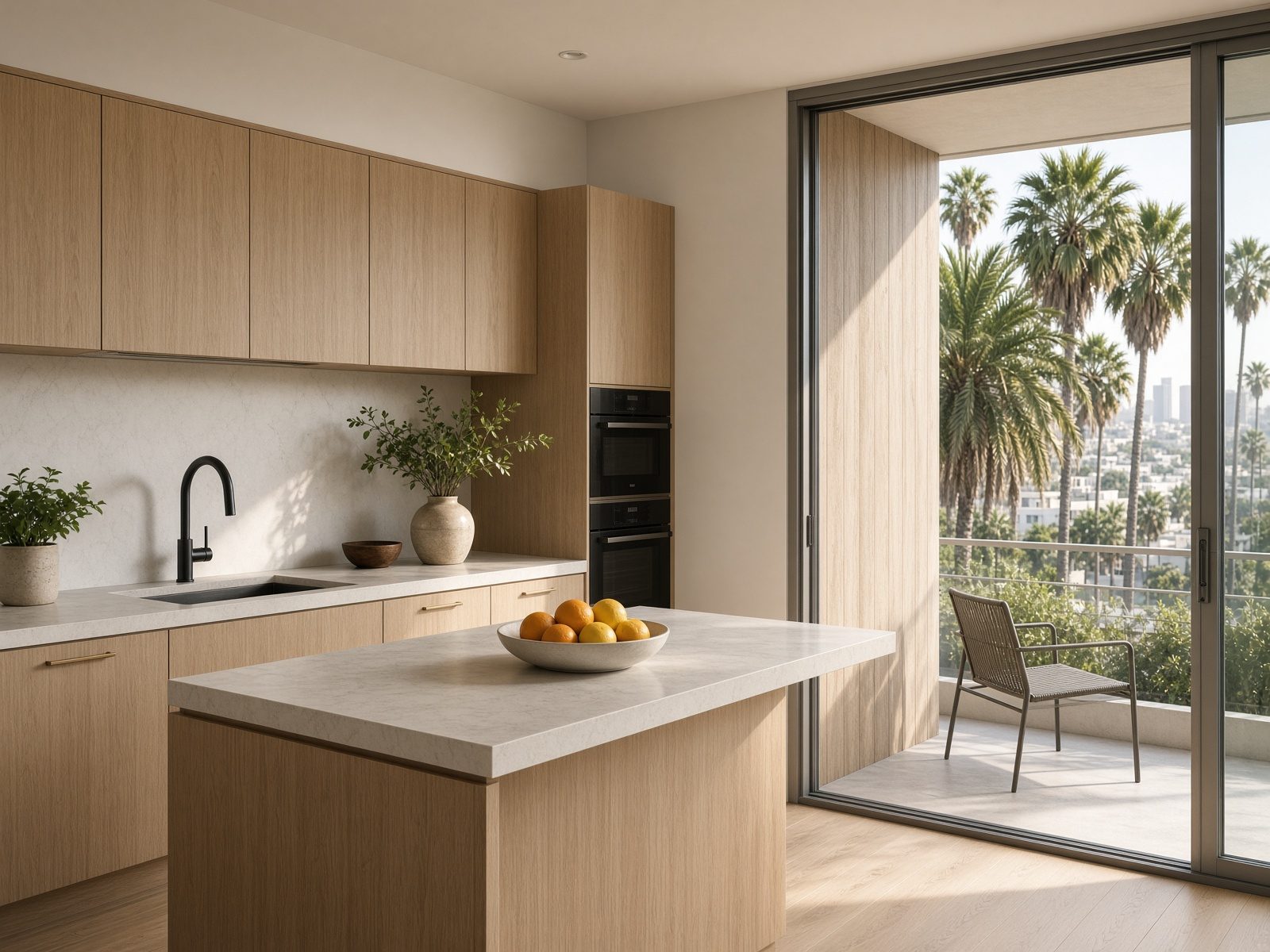 A sunlit apartment kitchen opening onto a balcony with palms.