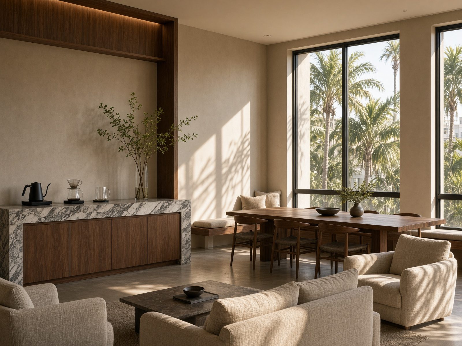 A calm residential lounge with warm light and low seating.
