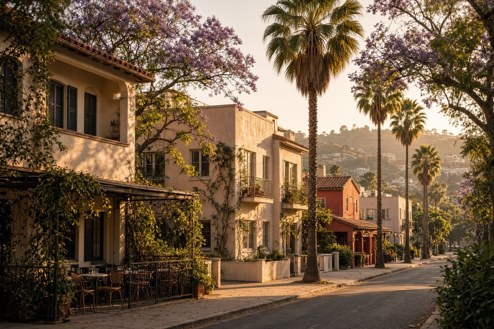 A tree-lined Los Angeles street at late afternoon.