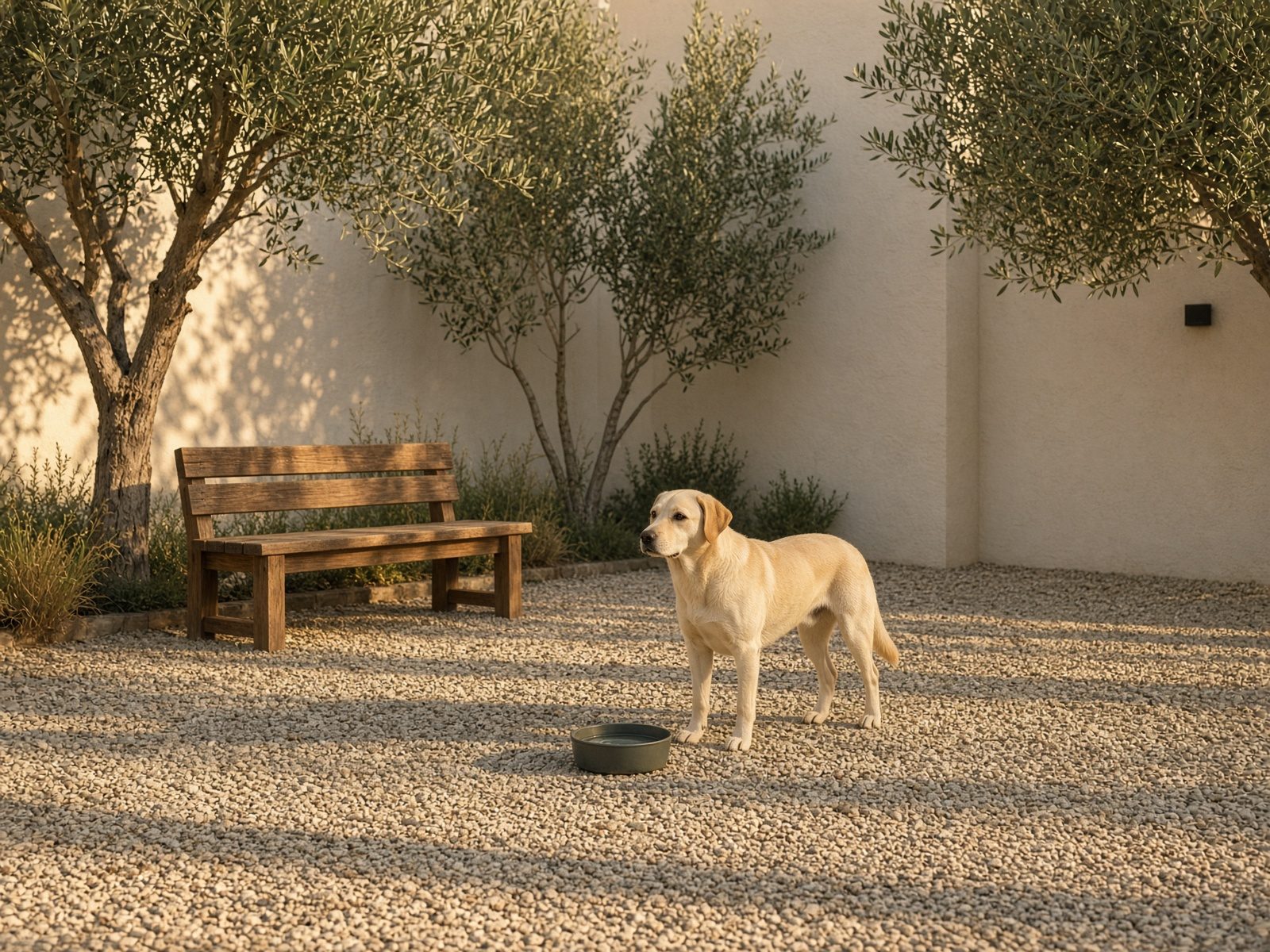 A cream-colored dog standing in a sunlit courtyard dog run with olive trees.